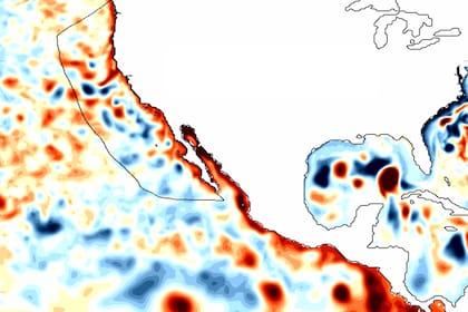Las ondas Kelvin durante el fenómeno de El Niño de 1997/1998; los tonos rojos más oscuros indican niveles del mar superiores a lo normal, mientras que los tonos azules más oscuros muestran alturas inferiores a lo normal