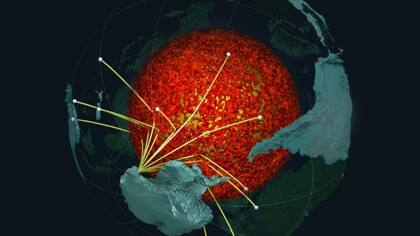 Las ondas sísmicas procedentes de los terremotos del hemisferio sur muestrean la estructura ULVZ a lo largo del límite entre el núcleo y el manto de la Tierra
Foto: Edward Garnero y Mingming Li de la Universidad Estatal de Arizona