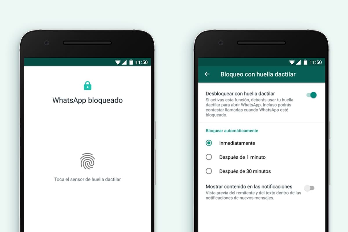 Las opciones de ajuste para impedir el acceso a Whatsapp a menos que se use una huella dactilar registrada previamente