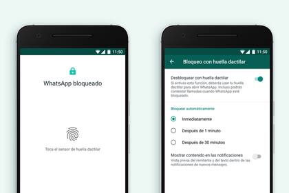 Las opciones de ajuste para impedir el acceso a Whatsapp a menos que se use una huella dactilar registrada previamente