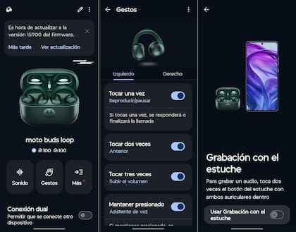 Las opciones de configuración de los Moto Buds Loop, incluyendo la opción de usarlos como grabador