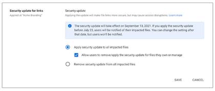 Las opciones que ofrece Google para los cambios que afectarán a los enlaces compartidos en Drive y Workspace