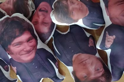 Las pequeñas almohadas vienen con la imagen de Javier Milei en distintas actitudes: enojado, sonriente, serio, con una motosierra y con la banda presidencial