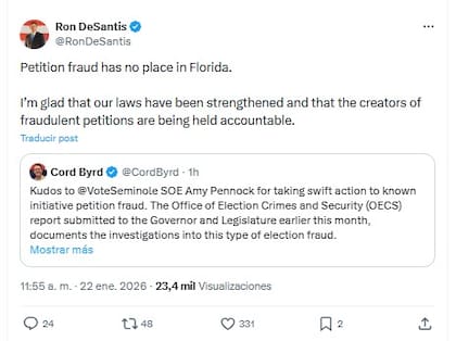 "Las peticiones fraudulentas no tienen cabida en Florida", expresó el gobernador Ron DeSantis a través de sus redes sociales