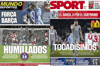 Las portadas de Mundo Deportivo y Sport, tras la derrota de Real Madrid ante Arsenal por 3 a 0