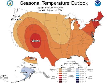 Las previsiones de temperatura para este otoño boreal 2024 en Texas, según la NOAA