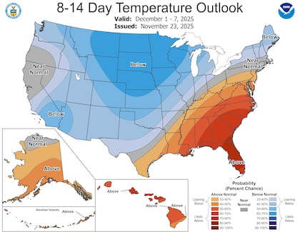 Las primeras señales del viraje climático se percibirán en las Llanuras del Norte y el Alto Medio Oeste, donde las temperaturas caerán entre 5 y 10°F por debajo de lo habitual, con máximas que ni siquiera alcanzarán los 30°F (-1°C) en zonas como Bismarck, Dakota del Norte