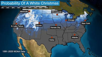 Las probabilidades de nieve en Navidad se concentran en la región norte de Estados Unidos