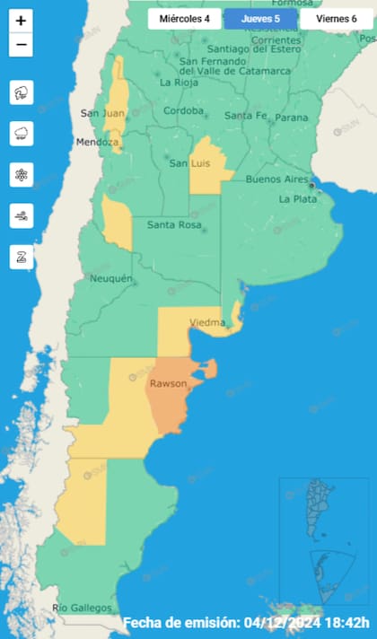 Las provincias afectadas por las alertas amarillas y naranjas del SMN de este jueves