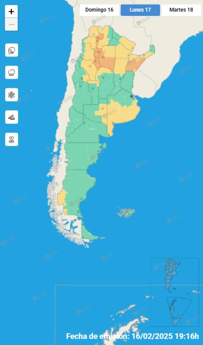 Las provincias bajo alerta amarilla y naranja para este lunes 17 de febrero