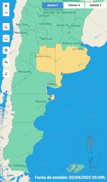 Las provincias bajo alerta del Servicio Meteorológico.
