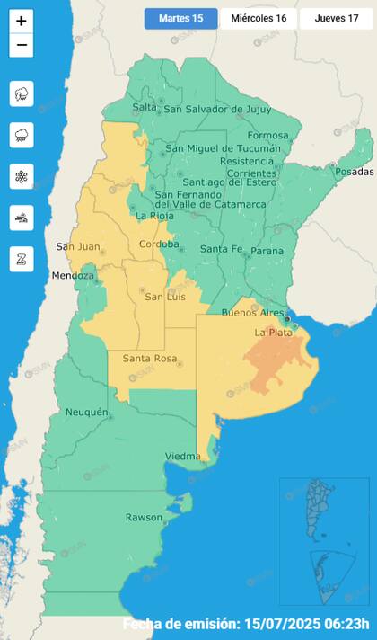 Las provincias que se encuentran bajo alerta amarilla este martes 15 de julio