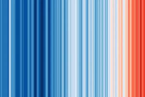 Las rayas de color representan cambios en el promedio de temperatura global a lo largo del tiempo, con datos anuales de 1850 a 2023