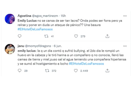 Las redes fulminaron a Emily Lucius y cuestionaron sus acciones contra Locho (Foto: Twitter @agos_martinezm / @momyofdragons)