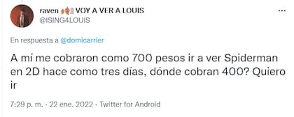 Las repercusiones del tuit sobre la inflación en entradas de cine (Twitter)