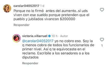 Las respuestas de Villarruel en Instagram