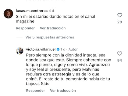 Las respuestas de Villarruel en Instagram