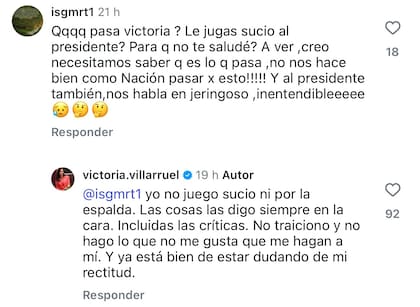 Las respuestas de Villarruel en Instagram