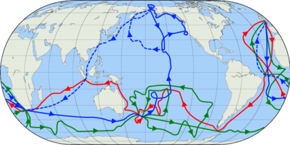 Las rutas de los tres viajes realizados por Cook por el océano. Fuente: Wikipedia.