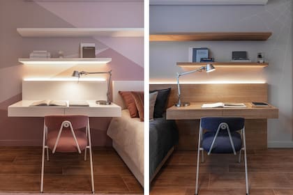 Las sillas '40' de La Feliz, en lino washed azul índigo (De Levie) para él y en rosa para ella. En ambos escritorios, lámparas 'Tolomeo' de Artemide (Iluminación Agüero).