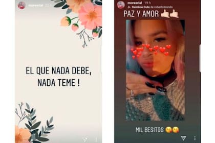 Las stories que Morena había publicado cuando los influencers la acusaban de estafa.