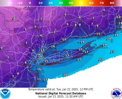 Las temperaturas pronosticadas para el mediodía en Nueva York