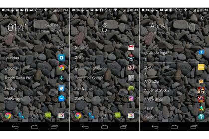 Las tres vistas de Z Launcher: aplicaciones y contactos más usados, una búsqueda manual y la lista completa de programas