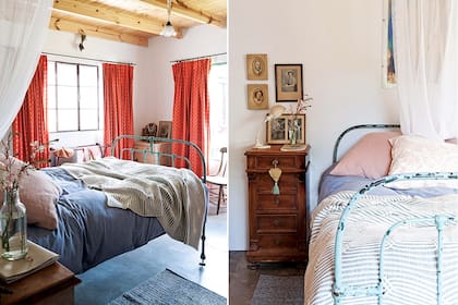 Sobre la cama de hierro patinado que Helen compró en un remate en Lobos, manta tejida en gris y blanco (Arredo) y almohadones de lino (Linos del Pacífico).