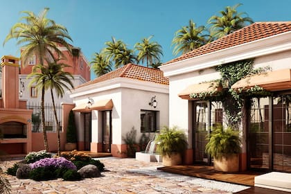 Las unidades del Pueblo Mediterráneo cuentan con patio con parrilla y fuente de estilo mediterráneo.