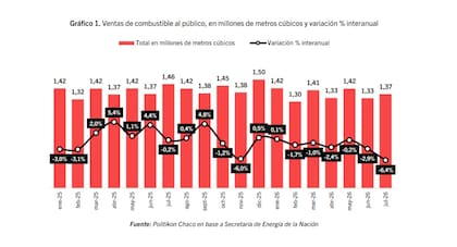 Las ventas de naftas y gasoil cayeron 6,4% interanual en julio y sumaron su sexto mes consecutivo en baja. Se comercializaron 1,37 millones de metros cúbicos, según Politikón Chaco sobre datos de la Secretaría de Energía