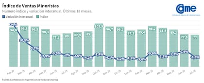 Las ventas minoristas profundizaron la caída en julio: retrocedieron 3,8% interanual, frente a la baja del 1,2% registrada en mayo y luego de la mejora del 0,9% de junio. El índice se ubicó en 77 puntos, el menor nivel de los últimos 18 meses relevados por CAME.