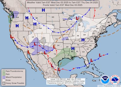 Las zonas altas de las Montañas Rocosas y las Grandes Llanuras experimentarán un marcado temporal invernal, con acumulaciones de nieve pronosticadas de entre seis y 12 pulgadas (15 a 30 centímetros)