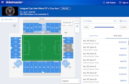 Las zonas azules en el diagrama muestran la disponibilidad de espacios en las tribunas del DRV PNK Stadium para el juego Inter Miami vs Cruz Azul