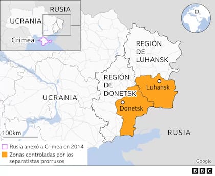 Las zonas controladas por grupos separatistas rusos.