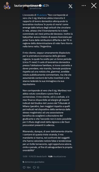 Lautaro Martínez compartió la palabra de su abogado