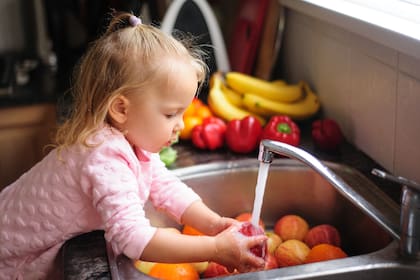 Lavar frutas y vegetales es una tarea ideal para el rango etario de 3 o 4 años