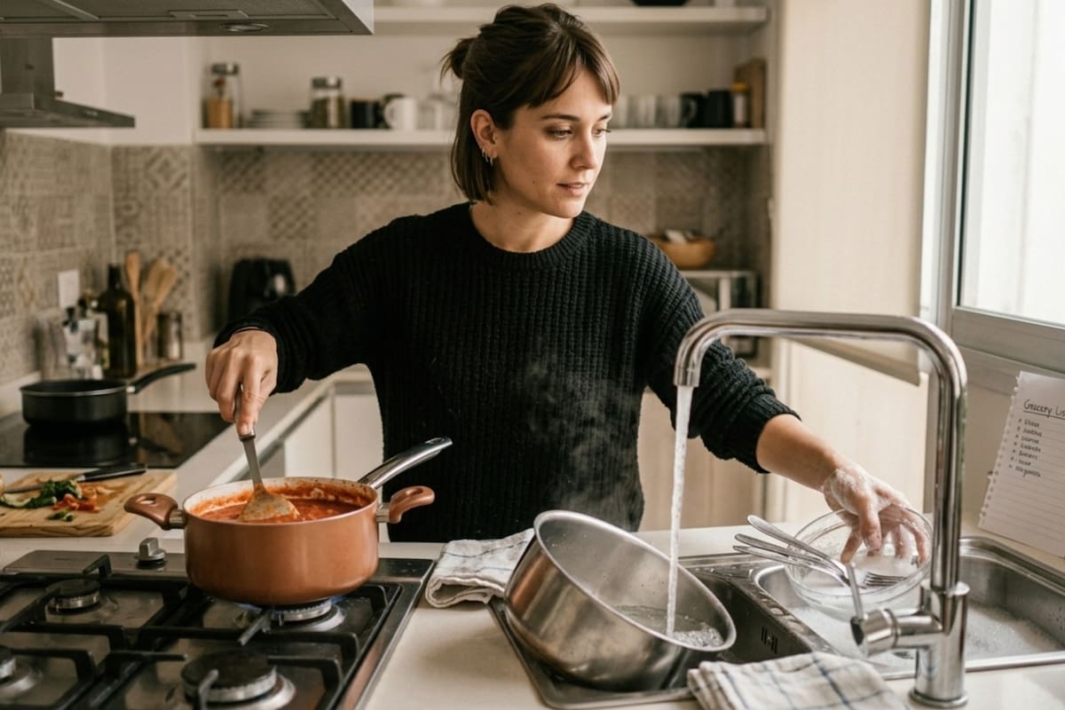 Lavar mientras cocinás, ¿es un síntoma de ansiedad? (Foto: IA)