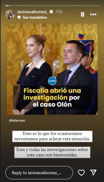 Lavinia Valbonesi dijo en sus historias de Instagram que los ecuatorianos necesitan una investigación "para aclarar la situación"