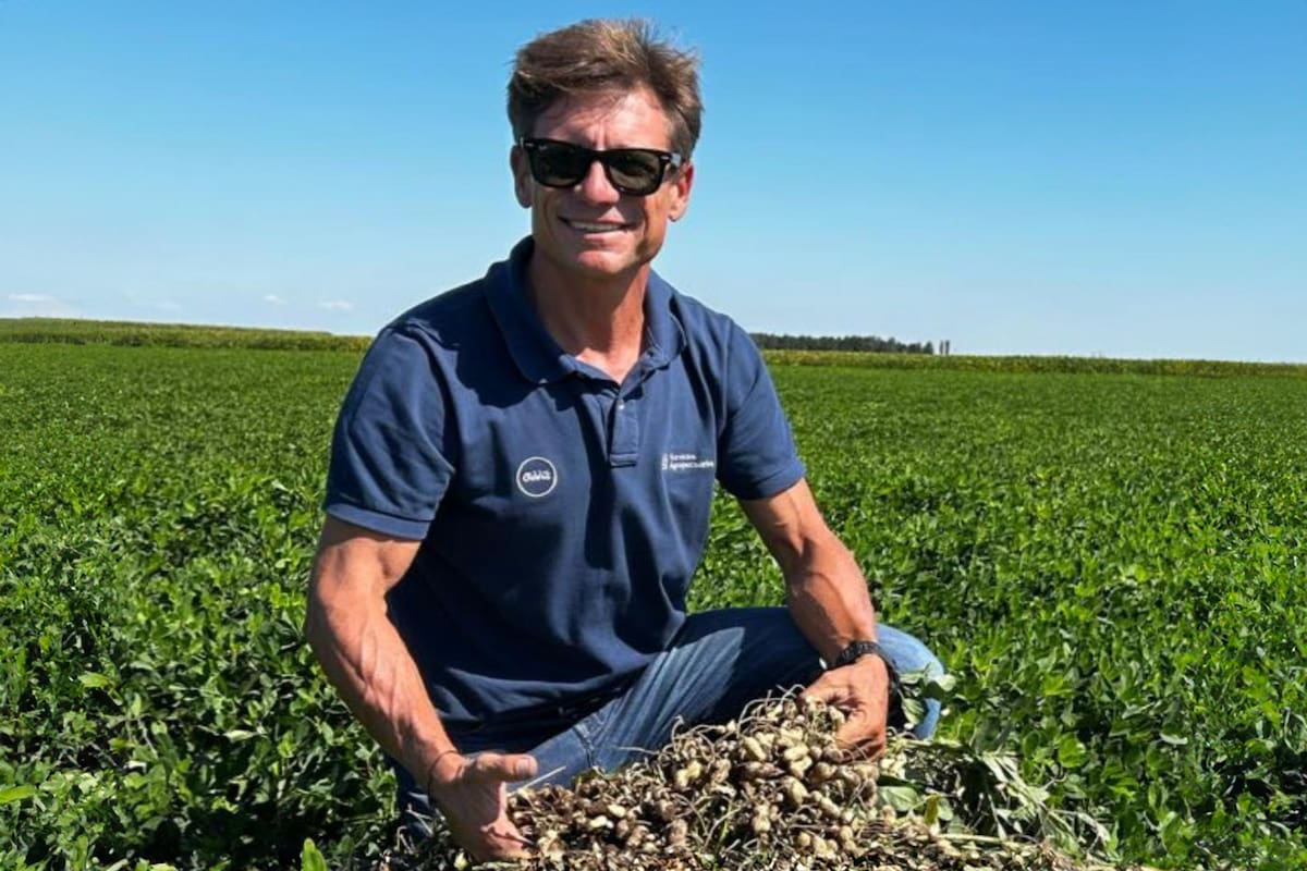 Leandro Oddino, socio gerente de Servagrop, en un campo con maní