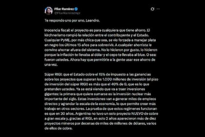 El primer fragmento de la respuesta de Pilar Ramírez a Leandro Santoro en X
