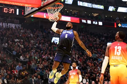 LeBron James #6 of the Los Angeles Lakers dunks in the 2023 NBA All Star Game between Team Giannis and Team LeBron at Vivint Arena on February 19, 2023 in Salt Lake City, Utah