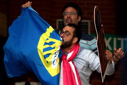 Leeds Uniteds Director of Football Victor Orta celebrates with the club fans outside Elland Road after Huddersfield Towns EFL Championship 2-1 victory over West Bromwich Albion which sealed Leeds Uniteds promotion to the 2020-2021 Premier League season for the first time since the team relegated in