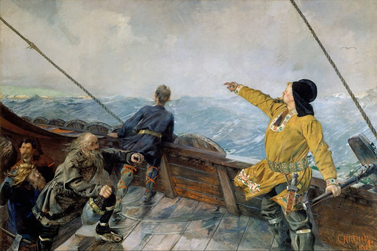 "Leiv Eiriksson descubriendo América", del artista noruego Christian Krohg, del Museo Nacional de Arte de Oslo. Una versión del cuadro realizada por el hijo del artista, Per Krohg, cuelga en el Capitolio de los Estados Unidos. (Heritage Images / Getty Images)