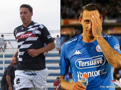 Lema con las camisetas de Guillermo Brown de Puerto Madryn, su primer club, y Belgrano, donde se convirtió en el defensor más goleador de la historia del Pirata