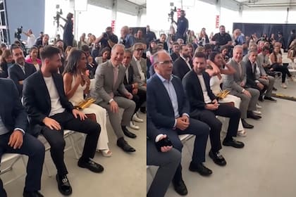 Leo lució un traje negro con mocasines y Antonela un outfit total white (Foto: Captura de video / Marca)