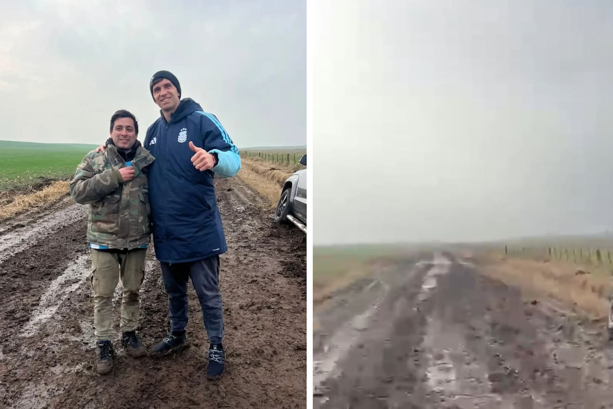 Leonardo Albarracín con Emiliano Martínez en un camino empantanado