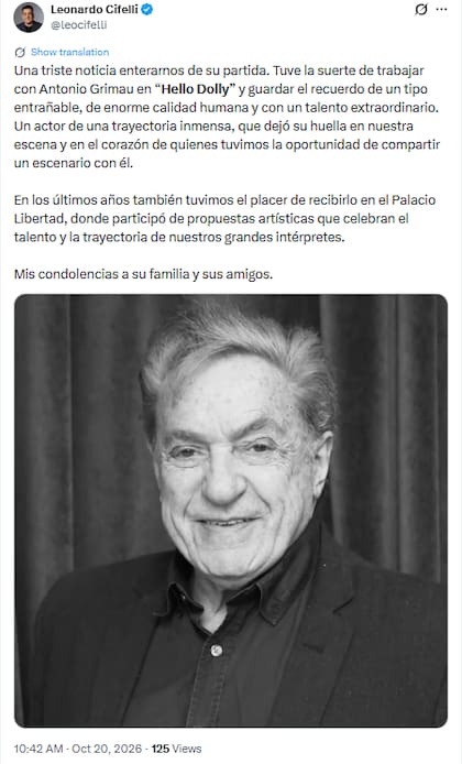 Leonardo Cifelli despidió al actor (Captura: X)