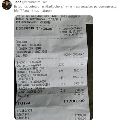 Les cobraron $17.700 en un restaurante de Bariloche