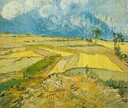 <I>La llanura de Auvers </I> con cielo nublado; el paisaje es de julio de 1890
