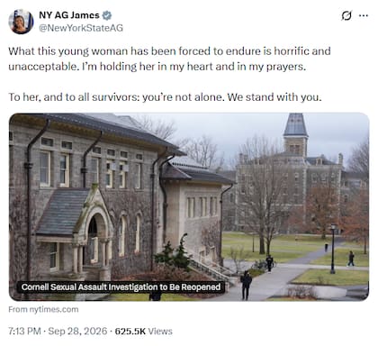 Letitia James le brindó su apoyo a Jane Doe, la víctima del caso de la Universidad de Cornell